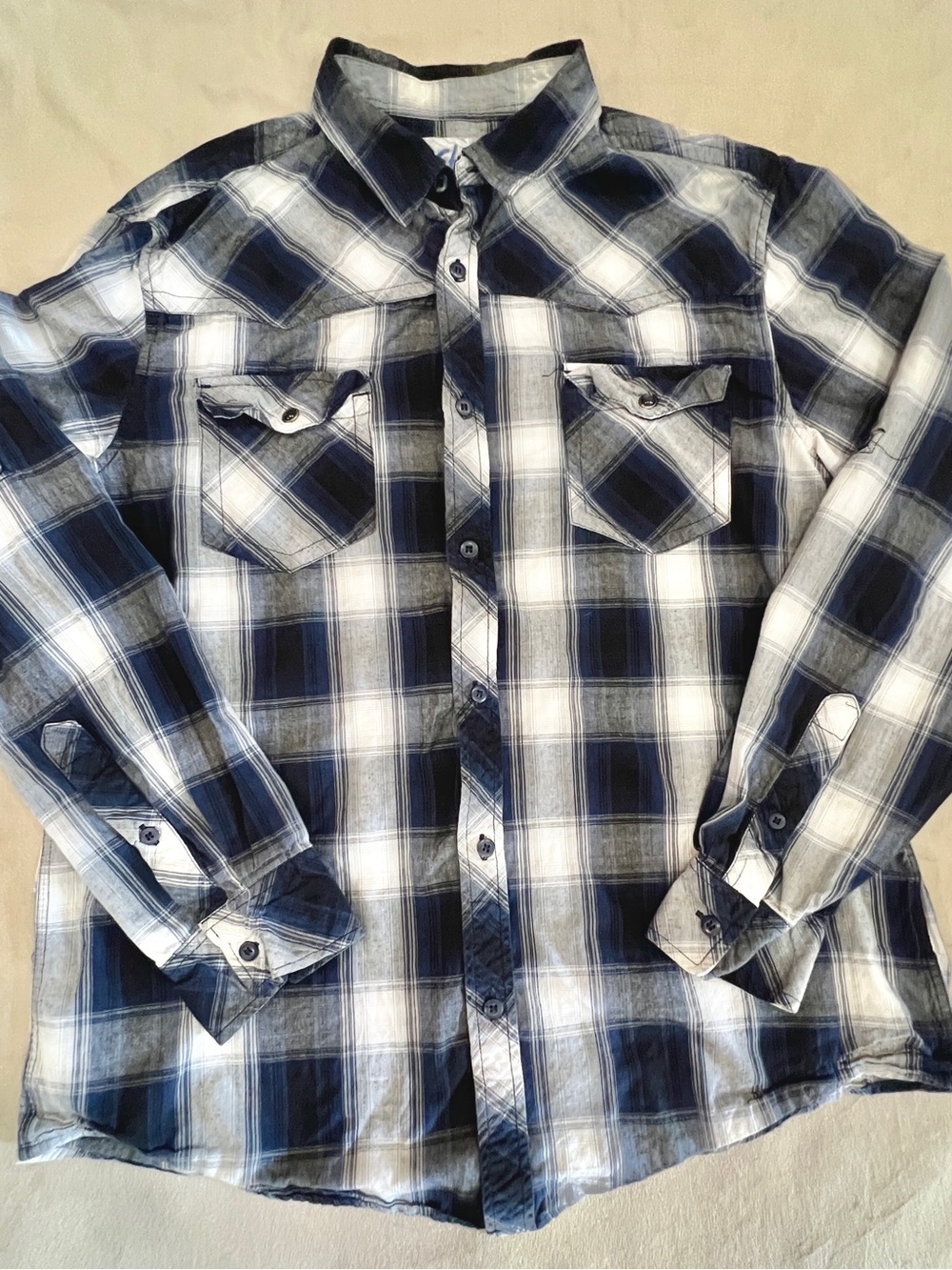 CHALC Navy and White Plaid Button-Down Collared Shirt with 2 Pockets